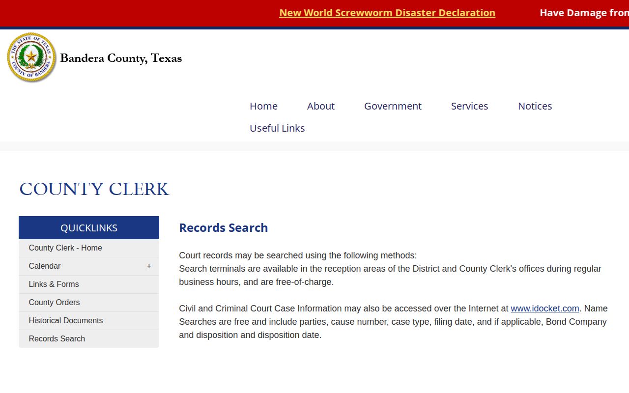 Bandera County Clerk records search page
