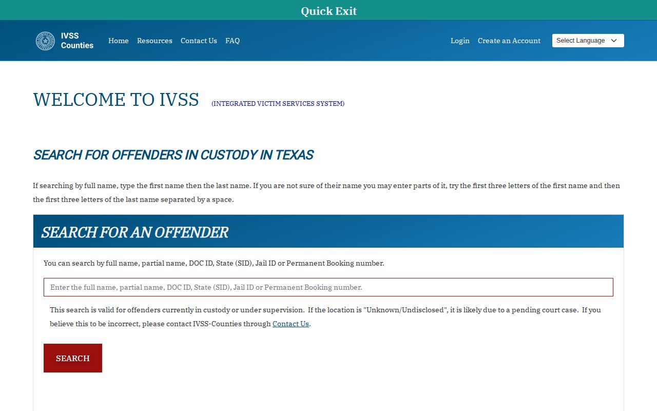 Texas IVSS-Counties search and notification interface