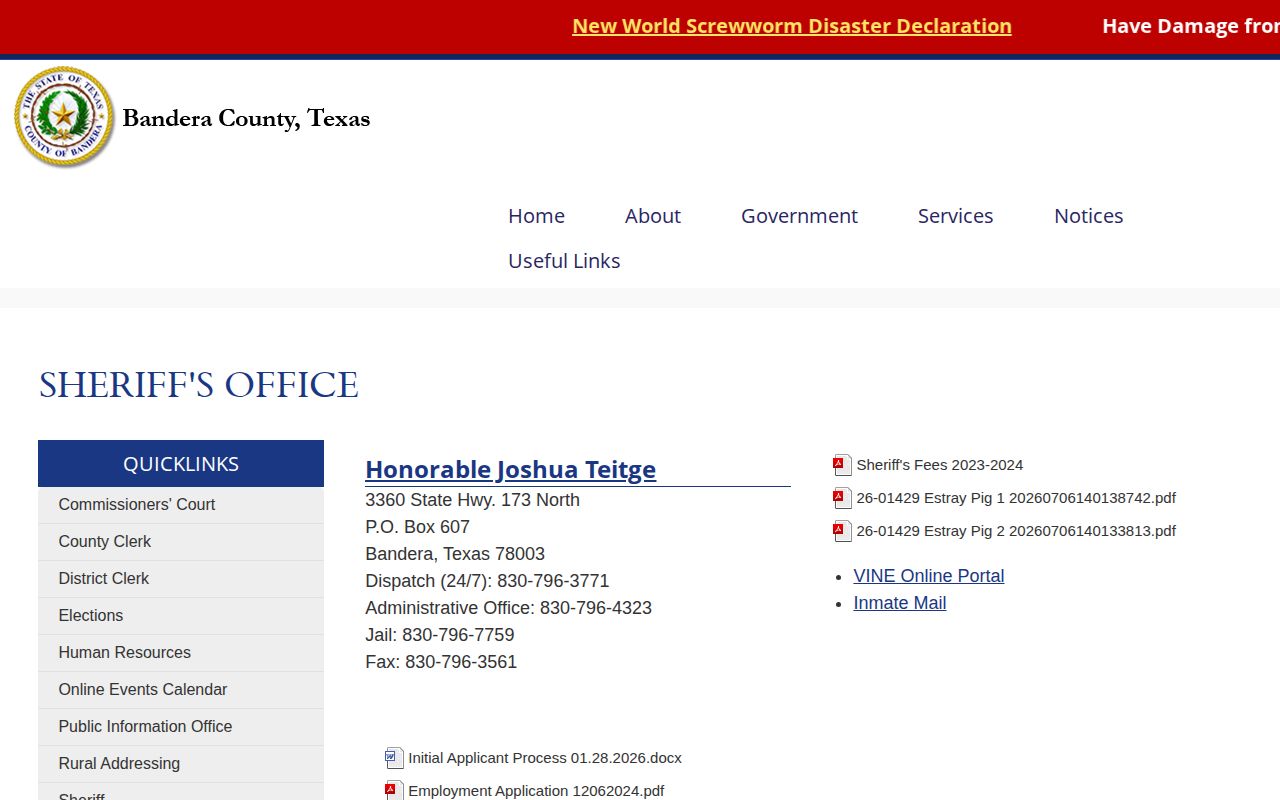 Official Bandera County Sheriff page used for released-inmate booking-photo records