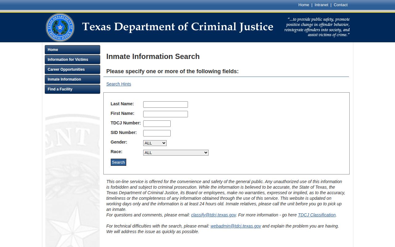TDCJ Online Inmate Search fields and current-inmate warning